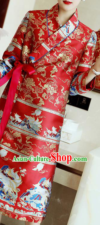 Chinese Tang Suit Red Brocade Cheongsam Costume Traditional Woman Qipao Dress