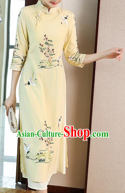 Chinese Stand Collar Qipao Dress Traditional Tang Suit Embroidered Light Yellow Cheongsam Zen Costume
