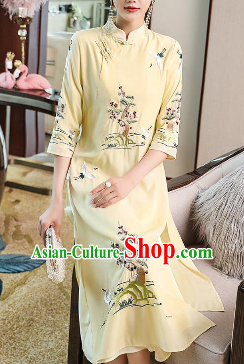 Chinese Stand Collar Qipao Dress Traditional Tang Suit Embroidered Light Yellow Cheongsam Zen Costume