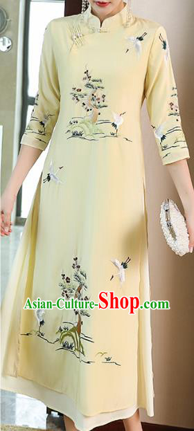 Chinese Stand Collar Qipao Dress Traditional Tang Suit Embroidered Light Yellow Cheongsam Zen Costume