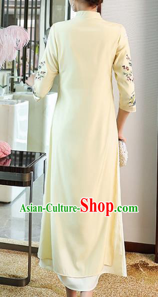 Chinese Stand Collar Qipao Dress Traditional Tang Suit Embroidered Light Yellow Cheongsam Zen Costume