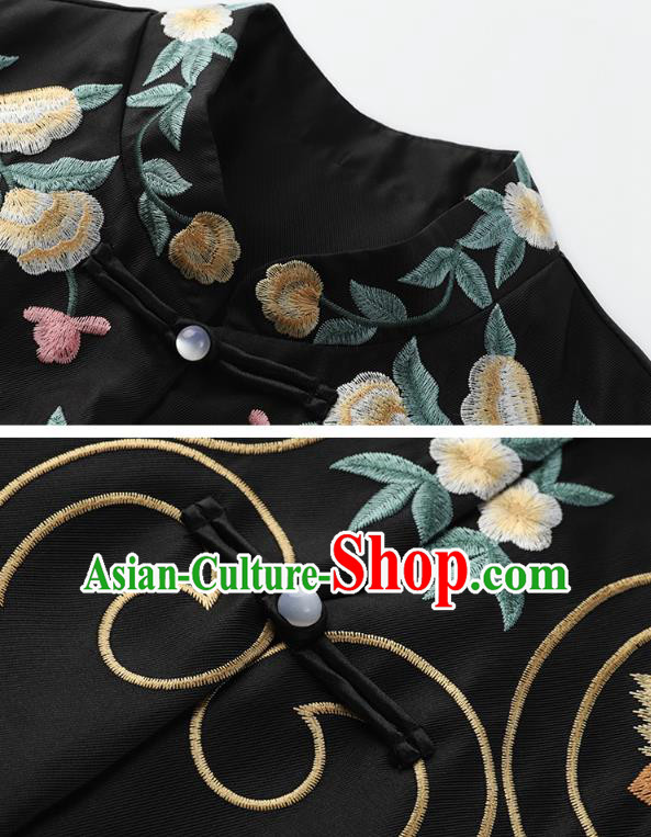 China Traditional Tang Suit Outer Garment National Embroidered Black Brocade Dust Coat