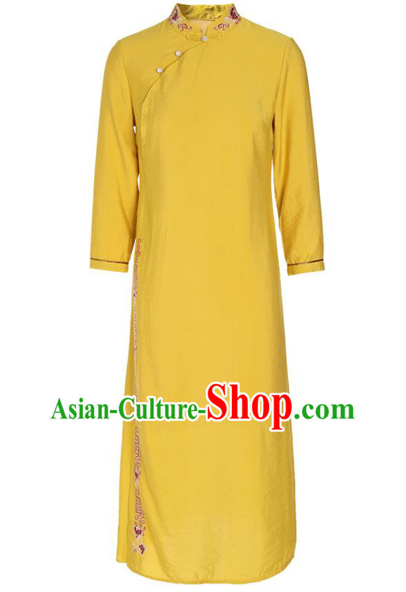 Chinese Tang Suit Embroidered Yellow Cheongsam Costume Traditional Woman Slant Opening Qipao Dress
