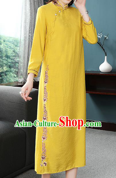 Chinese Tang Suit Embroidered Yellow Cheongsam Costume Traditional Woman Slant Opening Qipao Dress