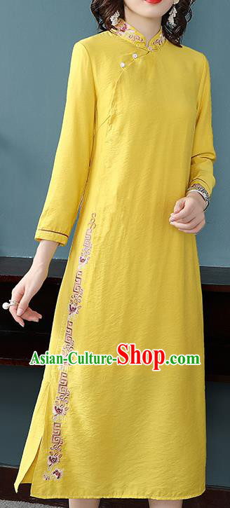 Chinese Tang Suit Embroidered Yellow Cheongsam Costume Traditional Woman Slant Opening Qipao Dress