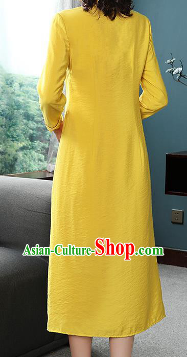 Chinese Tang Suit Embroidered Yellow Cheongsam Costume Traditional Woman Slant Opening Qipao Dress