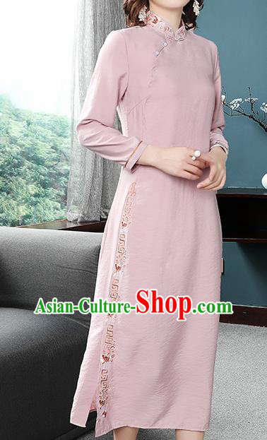 Chinese Traditional Woman Modern Qipao Dress Tang Suit Embroidered Pink Cheongsam Costume