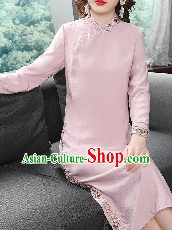 Chinese Traditional Woman Modern Qipao Dress Tang Suit Embroidered Pink Cheongsam Costume