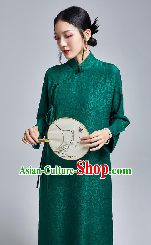 China Classical Silk Cheongsam Costume Traditional Young Lady Deep Green Brocade Qipao Dress