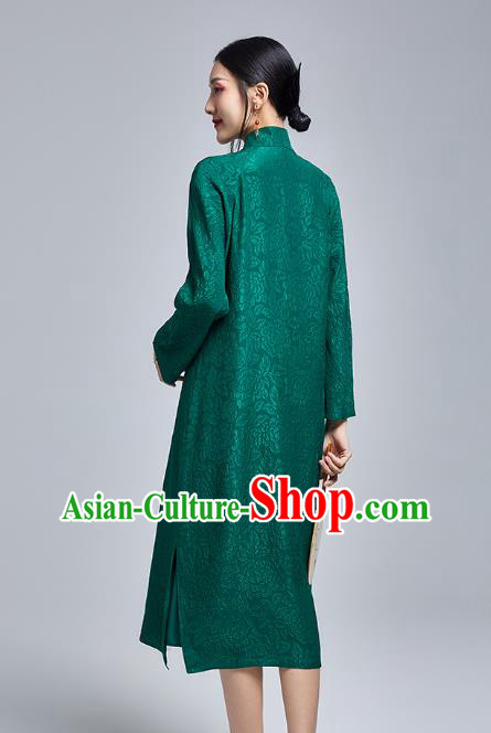 China Classical Silk Cheongsam Costume Traditional Young Lady Deep Green Brocade Qipao Dress