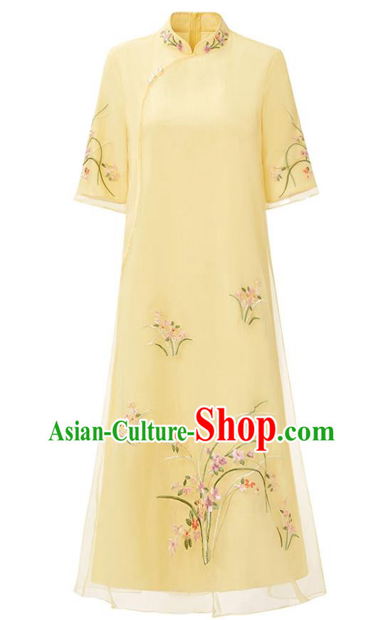 Chinese Traditional Tang Suit Qipao Dress Embroidered Light Yellow Organdy Cheongsam Costume