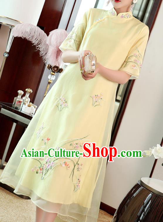 Chinese Traditional Tang Suit Qipao Dress Embroidered Light Yellow Organdy Cheongsam Costume