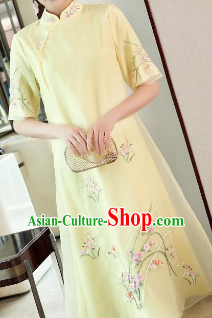 Chinese Traditional Tang Suit Qipao Dress Embroidered Light Yellow Organdy Cheongsam Costume