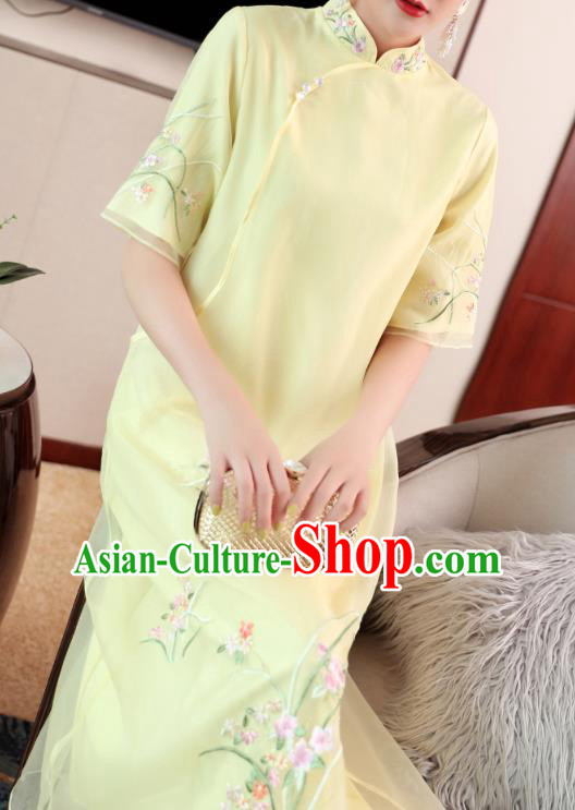 Chinese Traditional Tang Suit Qipao Dress Embroidered Light Yellow Organdy Cheongsam Costume