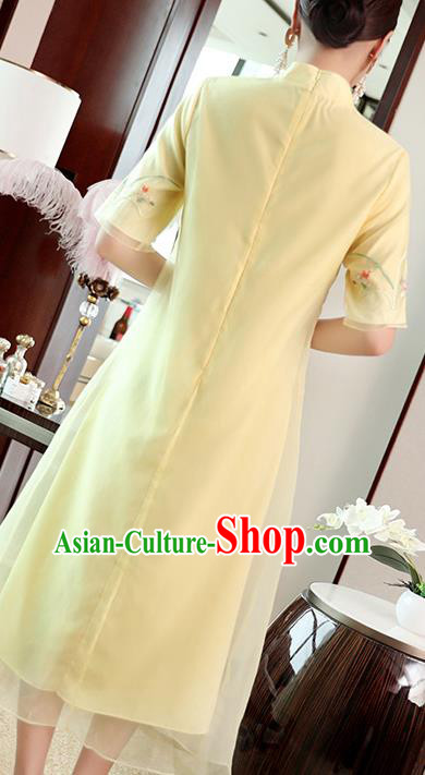 Chinese Traditional Tang Suit Qipao Dress Embroidered Light Yellow Organdy Cheongsam Costume