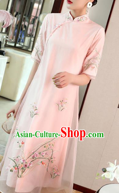 Chinese Embroidered Pink Organdy Cheongsam Costume Traditional Tang Suit Qipao Dress