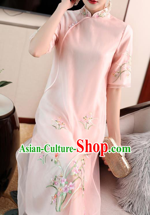 Chinese Embroidered Pink Organdy Cheongsam Costume Traditional Tang Suit Qipao Dress