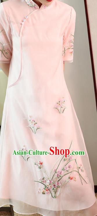 Chinese Embroidered Pink Organdy Cheongsam Costume Traditional Tang Suit Qipao Dress