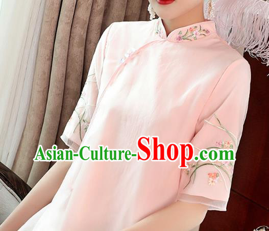 Chinese Embroidered Pink Organdy Cheongsam Costume Traditional Tang Suit Qipao Dress