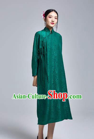 China Classical Silk Cheongsam Costume Traditional Young Lady Deep Green Brocade Qipao Dress