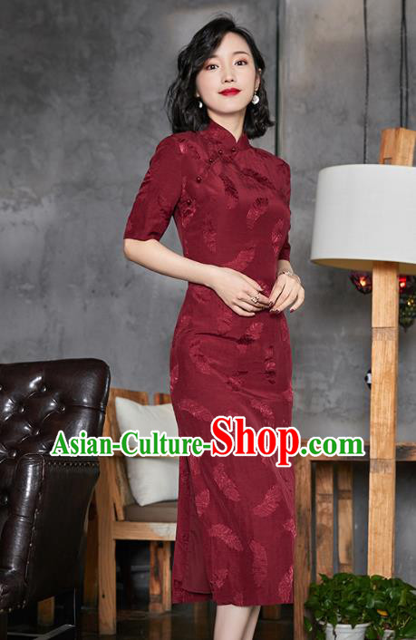 Chinese Classical Dance Wine Red Cheongsam Costume Traditional Tang Suit Old Shanghai Qipao Dress