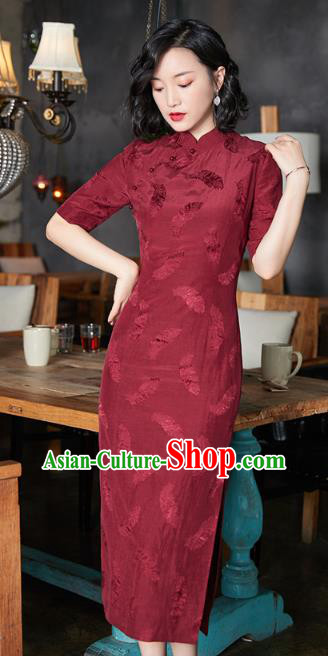 Chinese Classical Dance Wine Red Cheongsam Costume Traditional Tang Suit Old Shanghai Qipao Dress