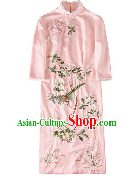 Chinese Embroidered Pink Satin Qipao Dress Traditional Tang Suit Cheongsam Costume