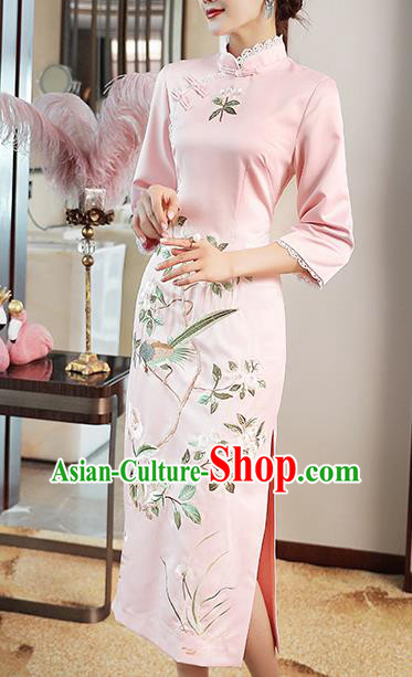 Chinese Embroidered Pink Satin Qipao Dress Traditional Tang Suit Cheongsam Costume