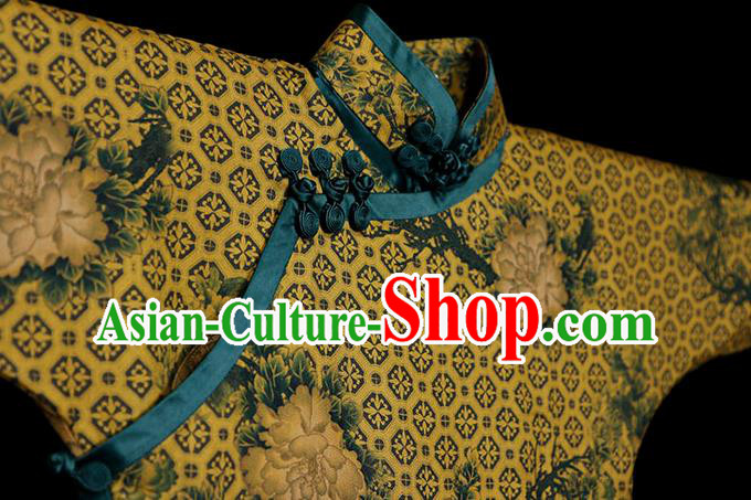 Chinese Classical Yellow Gambiered Guangdong Gauze Cheongsam Costume Traditional Shanghai Lady Qipao Dress
