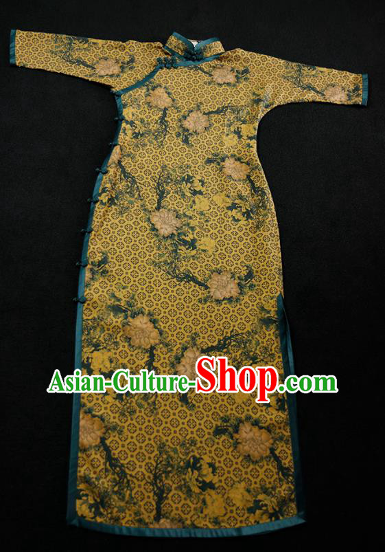 Chinese Classical Yellow Gambiered Guangdong Gauze Cheongsam Costume Traditional Shanghai Lady Qipao Dress