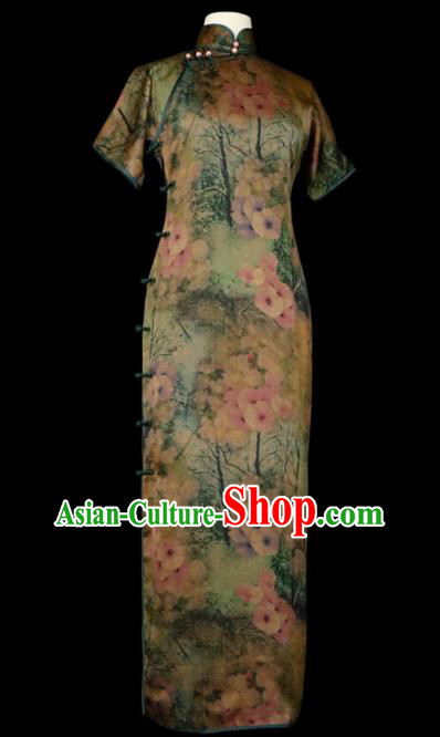 Chinese Traditional Shanghai Lady Qipao Dress Classical Printing Gambiered Guangdong Gauze Cheongsam