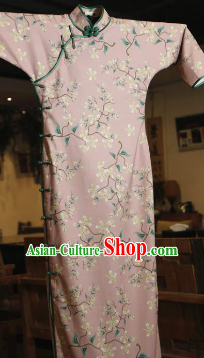 Chinese Traditional Minguo Printing Pink Qipao Dress Classical Tang Suit Slim Cheongsam