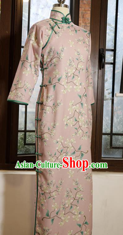 Chinese Traditional Minguo Printing Pink Qipao Dress Classical Tang Suit Slim Cheongsam
