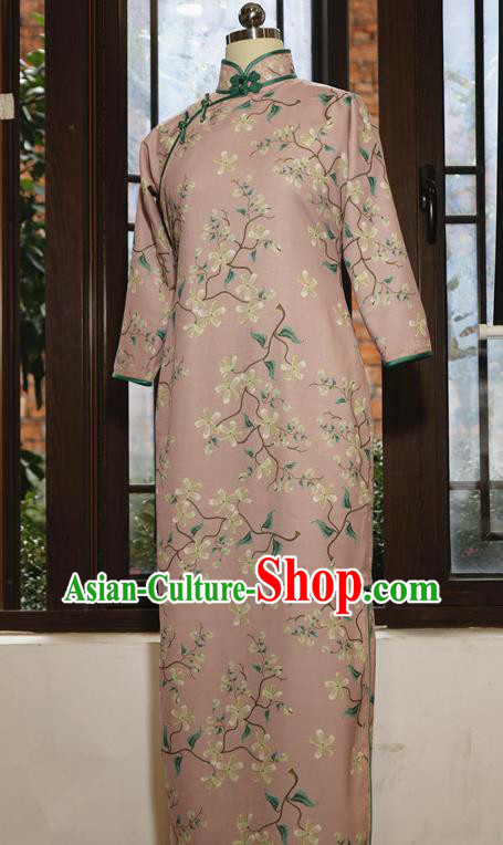 Chinese Traditional Minguo Printing Pink Qipao Dress Classical Tang Suit Slim Cheongsam
