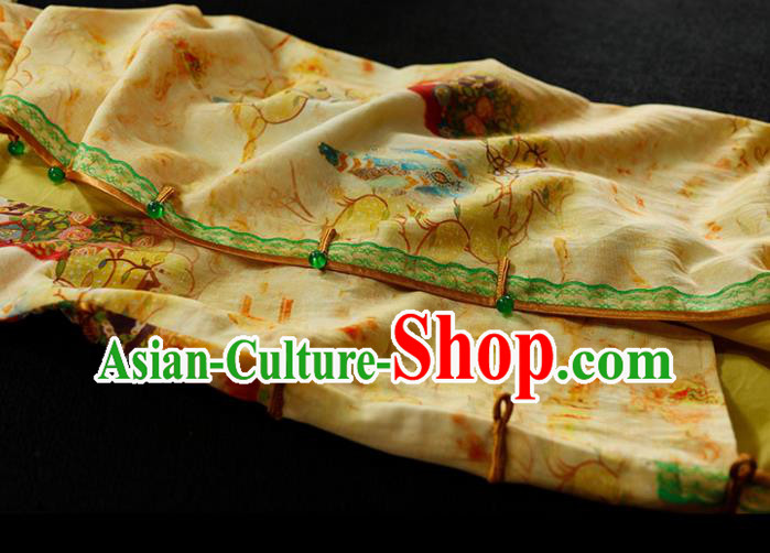 Chinese Classical Tang Suit Slim Cheongsam Traditional Minguo Printing Yellow Flax Qipao Dress
