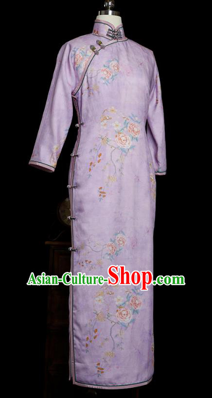 Republic of China Classical Slim Cheongsam Traditional Minguo Tang Suit Printing Peony Violet Flax Qipao Dress