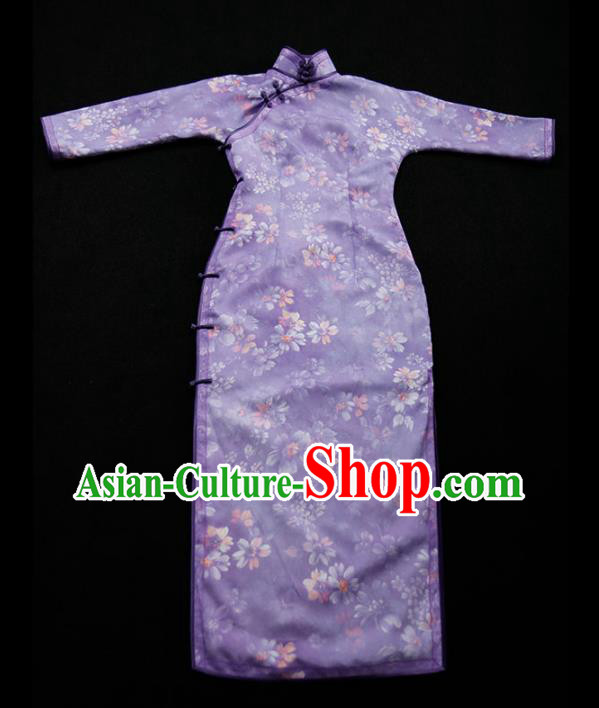 Republic of China Tang Suit Printing Violet Qipao Dress Traditional Minguo Classical Slim Cheongsam