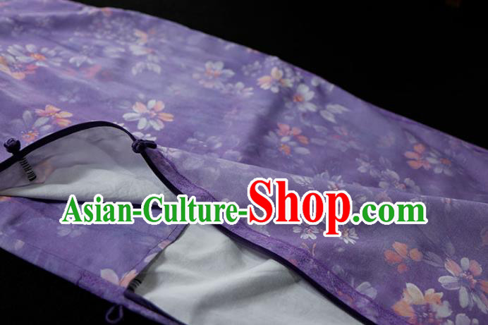 Republic of China Tang Suit Printing Violet Qipao Dress Traditional Minguo Classical Slim Cheongsam