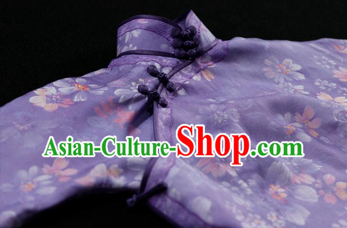 Republic of China Tang Suit Printing Violet Qipao Dress Traditional Minguo Classical Slim Cheongsam