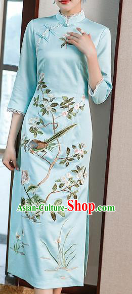 Chinese Traditional Tang Suit Cheongsam Costume Embroidered Blue Satin Qipao Dress