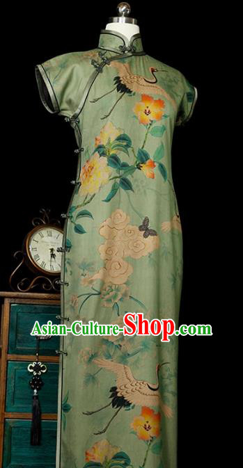 Republic of China Printing Green Gambiered Guangdong Gauze Qipao Dress Traditional Minguo Classical Shanghai Cheongsam