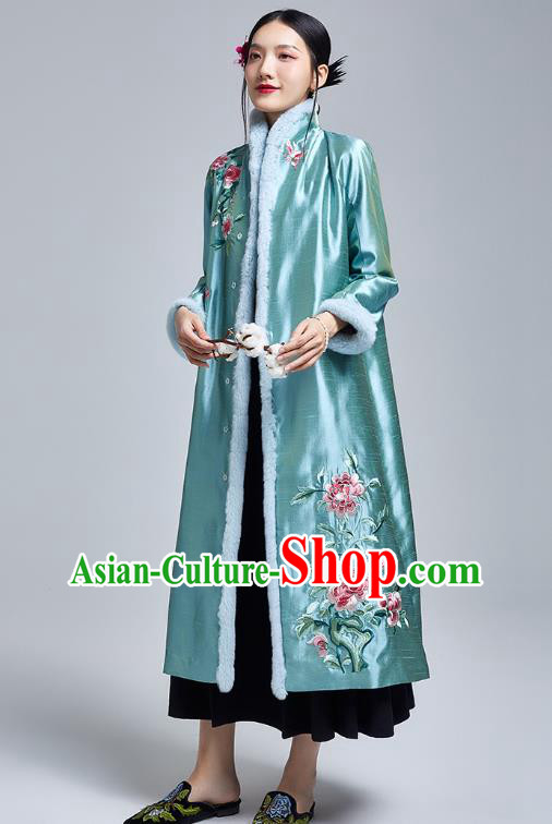 Chinese Traditional Tang Suit Cotton Wadded Coat National Embroidered Peony Blue Silk Dust Coat