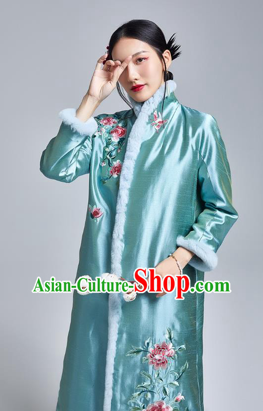 Chinese Traditional Tang Suit Cotton Wadded Coat National Embroidered Peony Blue Silk Dust Coat
