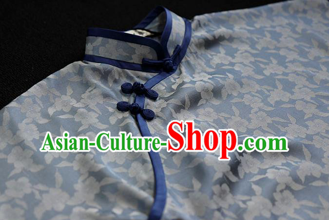 Republic of China Classical Blue Silk Cheongsam Traditional Minguo Young Lady Qipao Dress