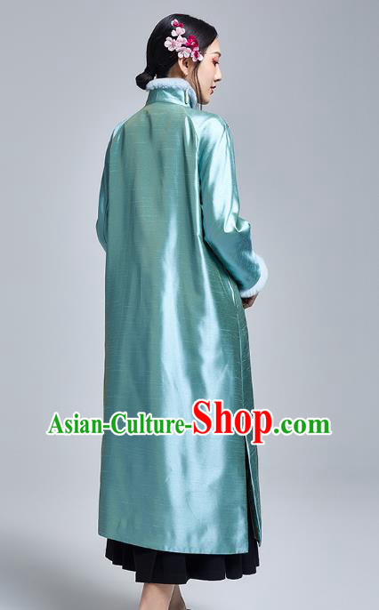 Chinese Traditional Tang Suit Cotton Wadded Coat National Embroidered Peony Blue Silk Dust Coat