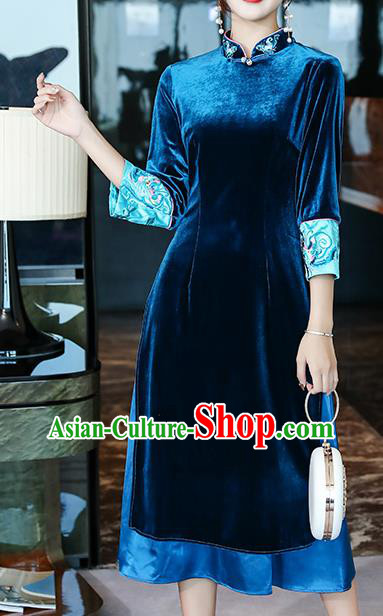 Chinese Traditional Embroidered Blue Velvet Qipao Dress Tang Suit Cheongsam Costume