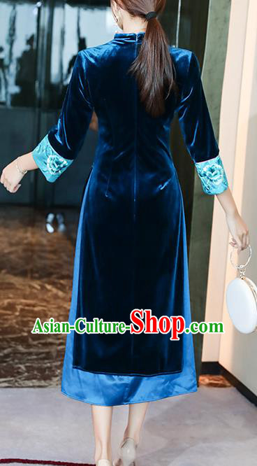 Chinese Traditional Embroidered Blue Velvet Qipao Dress Tang Suit Cheongsam Costume