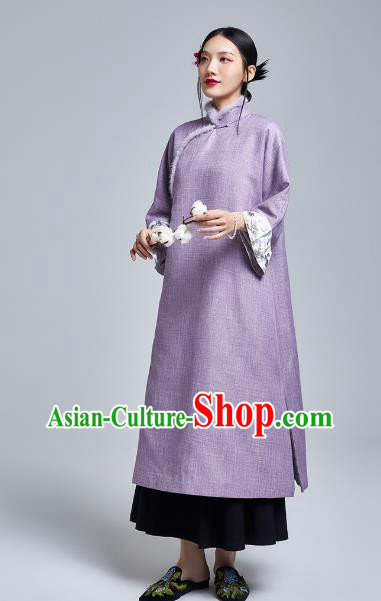 China Classical Cheongsam Costume Traditional Young Lady Embroidered Violet Qipao Dress