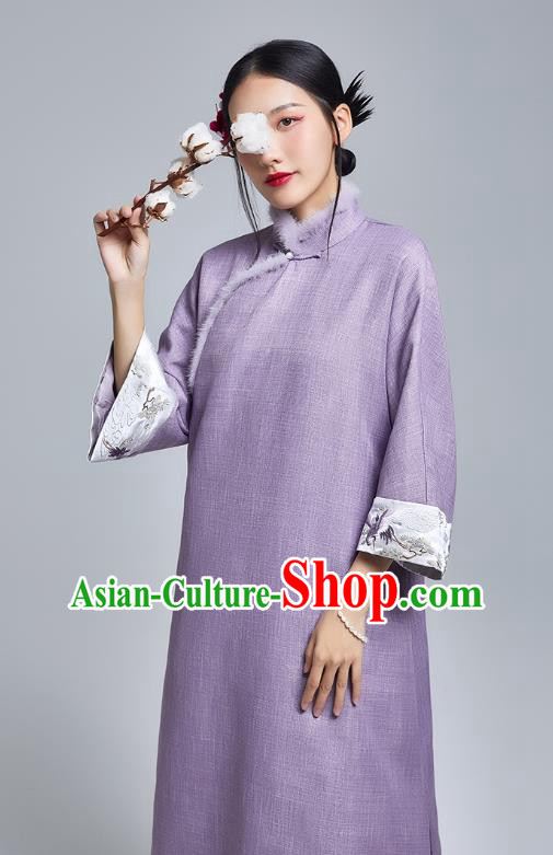 China Classical Cheongsam Costume Traditional Young Lady Embroidered Violet Qipao Dress