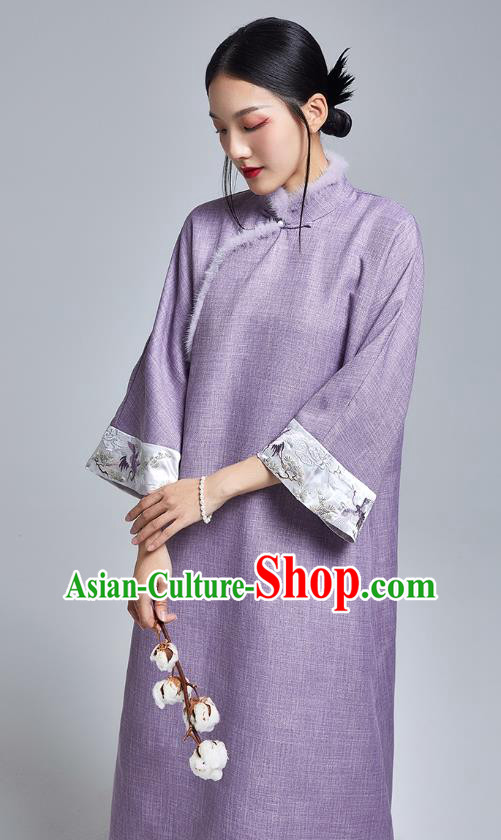 China Classical Cheongsam Costume Traditional Young Lady Embroidered Violet Qipao Dress